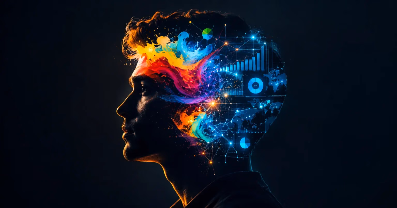 Silhouette of a human head showing vibrant creative colors blending with glowing data grids, representing the combination of digital marketing and analytics skills.