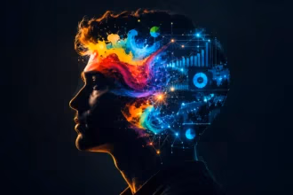 Silhouette of a human head showing vibrant creative colors blending with glowing data grids, representing the combination of digital marketing and analytics skills.