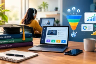 Workspace featuring a laptop displaying educational content, a graduation cap resting on marketing books, and a digital marketing funnel graphic illustrating lead conversion and ROI.