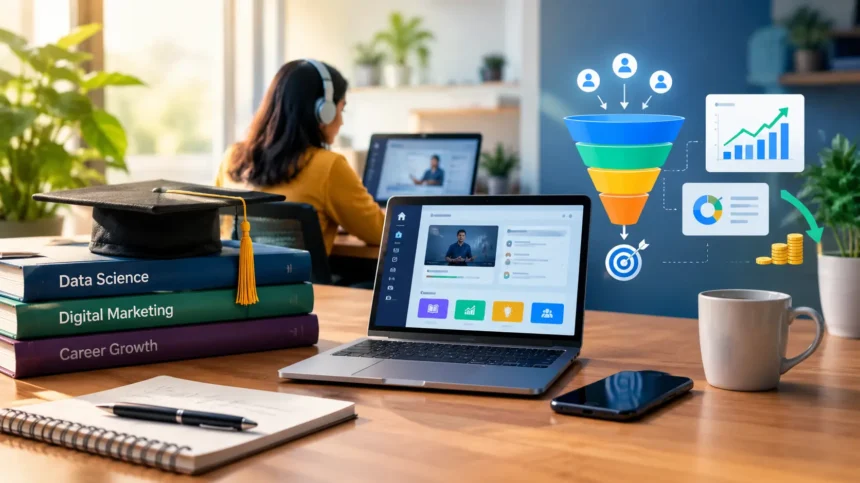 Workspace featuring a laptop displaying educational content, a graduation cap resting on marketing books, and a digital marketing funnel graphic illustrating lead conversion and ROI.