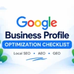 Google Business Profile optimization checklist with a business location pin, customer reviews, analytics and task checklist.