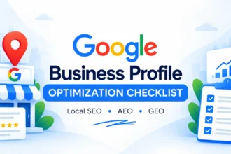 Google Business Profile optimization checklist with a business location pin, customer reviews, analytics and task checklist.