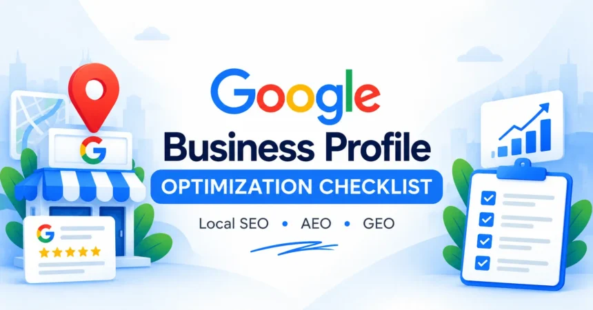 Google Business Profile optimization checklist with a business location pin, customer reviews, analytics and task checklist.