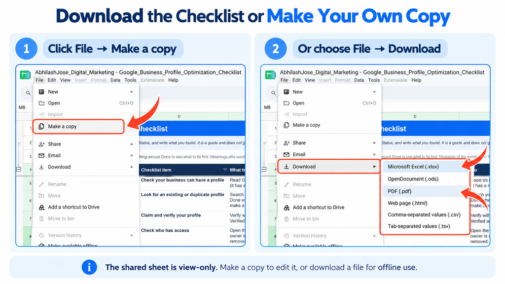 Instructions showing how to make a copy of the Google Business Profile checklist or download it as an Excel or PDF file from Google Sheets.
